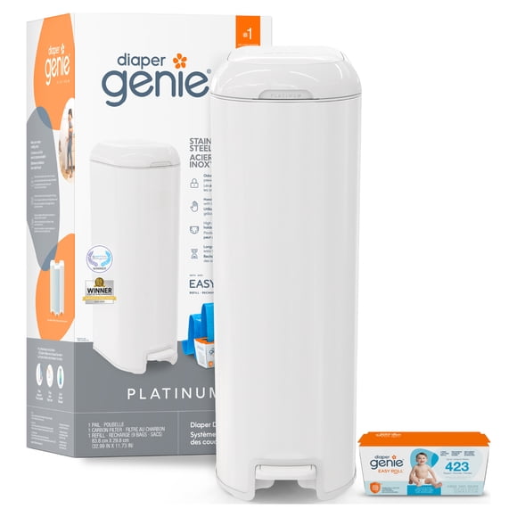 Diaper Genie Platinum Odour Lock Diaper Pail, White, 9 Starter Bags, Stainless Steel
