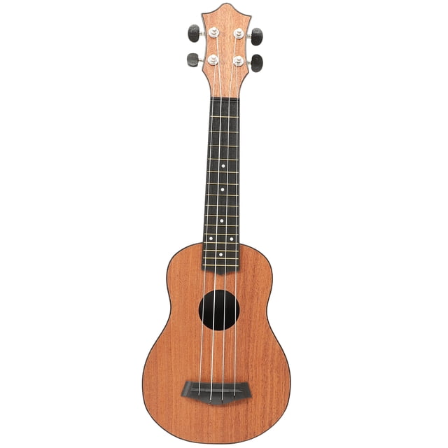 Beginner Ukulele Professional Guitar Wood Ukulele Starter Musical Instrument. A front-facing view of a wooden ukulele with a natural finish, featuring a smooth surface, four strings, and a black fretboard with white fret markers. Ideal for beginners and children, it supports musical education and brain development. Measures approximately 54.50 x 18.00 x 5.50 cm.