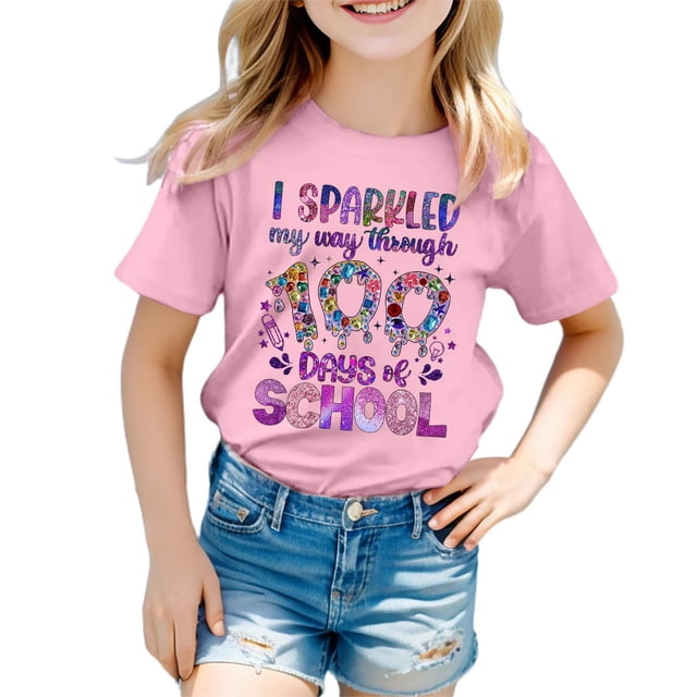 LUOGENLI T-Shirt pour Filles Enfants Mode Décontractée Imprimé Col Rond Ample Manche Courte T-Shirt Haut Maxi Hauts Ensembles Filles Tenue 2 Pcs Vacances 10-11 Ans