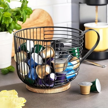 Estbridge Extra Large Capacity Coffee Pod Holder - 30 K-Cups or 42 Large Vertuoline Pods - Black Wire Coffee Pods Storage with Wooden Base For Counter Organizer - Coffee Bar Accessories