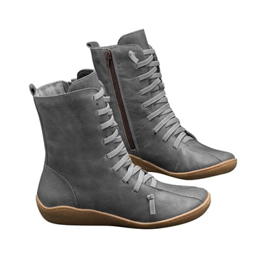 jovati Women Mid-tube Boots Ladies Fashion Vintage Style Solid Zipper Flat Shoes Ankle Short Boots