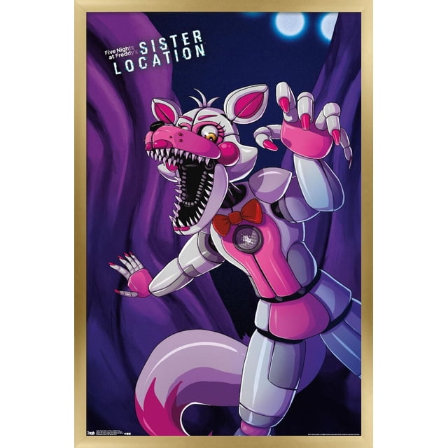 Five Nights at Freddy's : Sister Location - Funtime Foxy Affiche Murale, 14,725 Pouces x 22,375 Pouces Encadrée, Représentant Funtime Foxy Animatronique Orienté vers l'Avant avec Corps Robotique Blanc et Rose, Dents Tranchantes, Nœud Papillon Rouge et Mains Griffées sur un Fond Violet Foncé avec des Orbes Lumineux, Convient pour art Mural de Chambre Ou de Bureau.