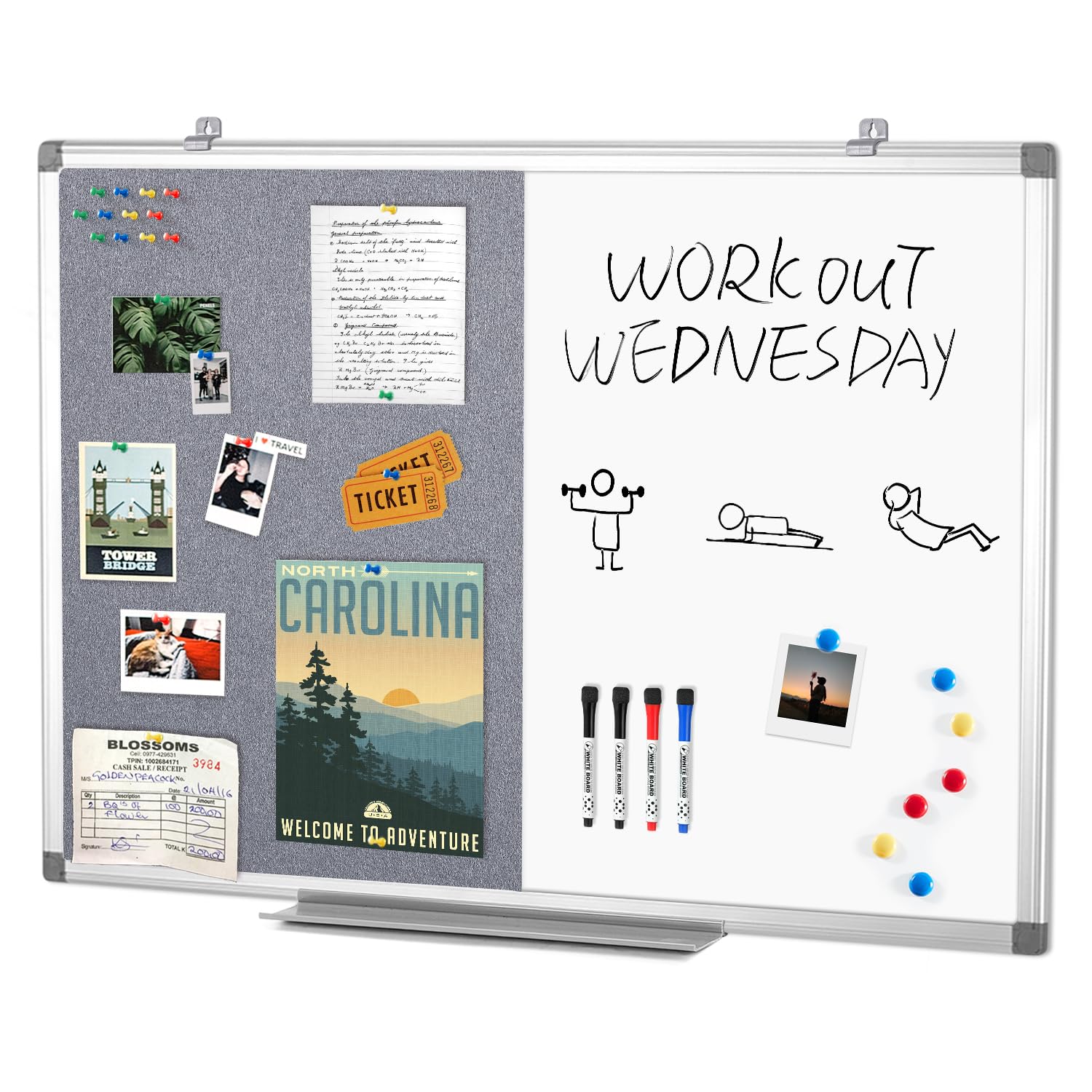 Tableau blanc magnétique combiné et tableau en tissu, tableau effaçable à sec, tableau d'affichage 36 x 24 pouces, tableau de vision combo pour mur, maison, école, bureau