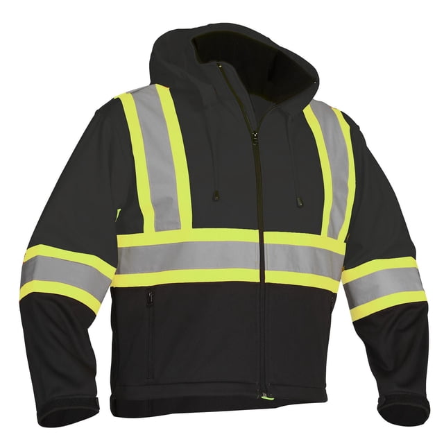Forcefield Hi Vis Safety Softshell jacket in black with high-visibility yellow and reflective silver stripes on chest, sleeves, and shoulders, featuring a front zipper, adjustable hood with drawstrings, and zippered side pockets, compliant with CSA and ANSI standards for workwear visibility.
