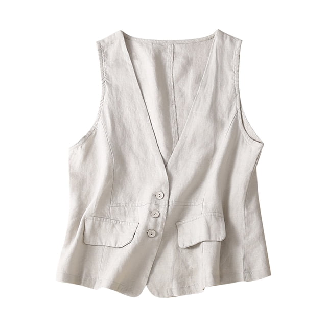 Gilet Sans Manches en Denim et Coton pour Femmes, Tendance Décontractée, Cardigan Sans Manches en Denim de Couleur beige Pâle. Doté d'Un Col en V, de Trois Boutons avant et de Deux Petites Poches à Rabat. Fabriqué en Mélange Respirant Coton-Lin, Ce Manteau Polyvalent Est Idéal pour un Usage Décontracté et Quotidien au Printemps, en Été et en Automne.