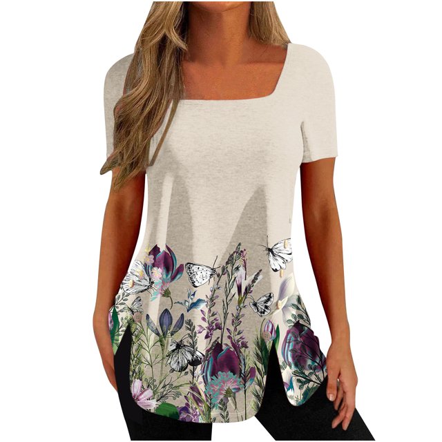 Pompotops Mode Femmes Casual Imprimé Col Carré Manches Courtes Tops Chemisiers Amples