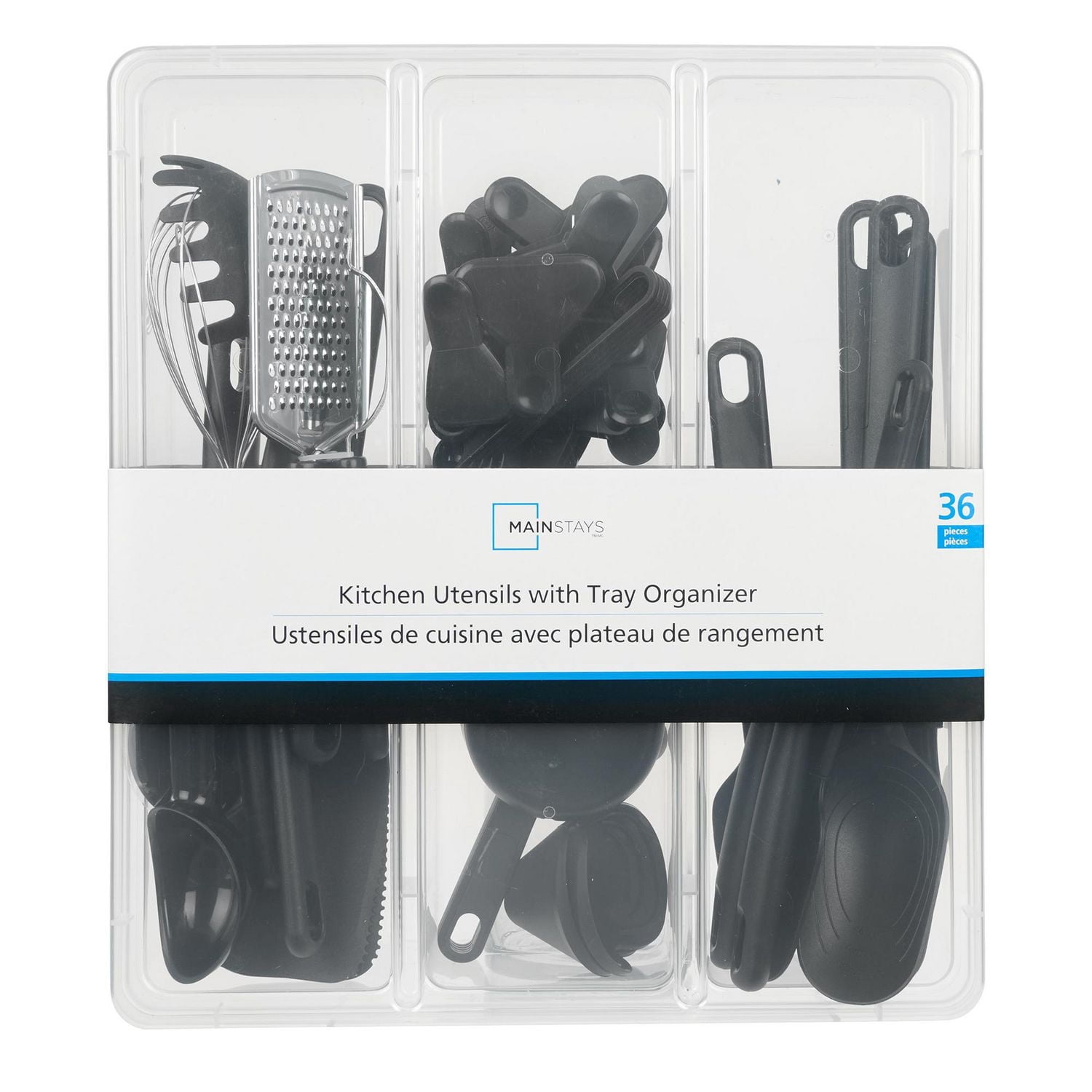 Ensemble 36 pc d'ustensiles pour cuisine Mainstays avec plateau de rangement, noir et transparent