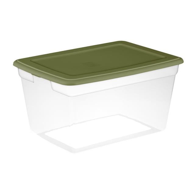 Sterilite 55 Liter Storage Box, Clear Plastic Storage Bin with Snap-on Lid, Green