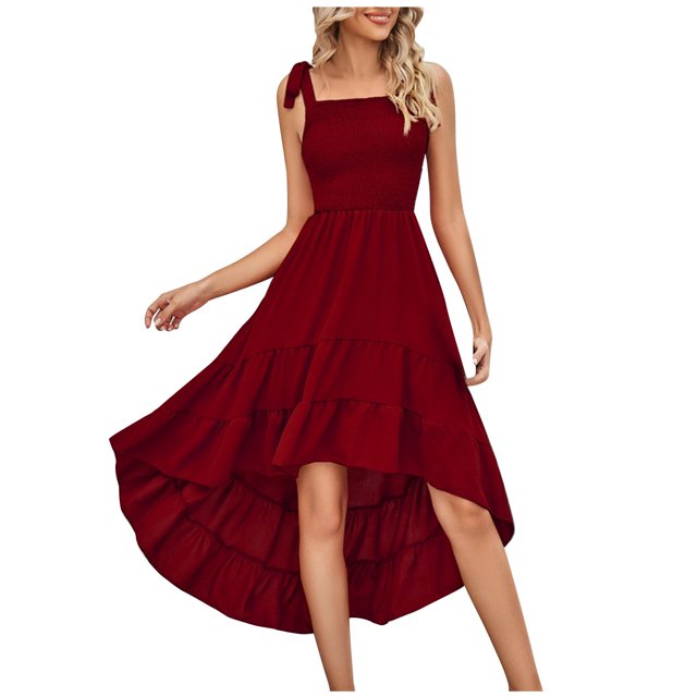 TopLLC Summer Dress Womens Summer Boho Spaghetti Strap Square Neck Solid Color Ruffle A Line Beach Long Maxi Dress Plus Size Dresses,Beach Sundress