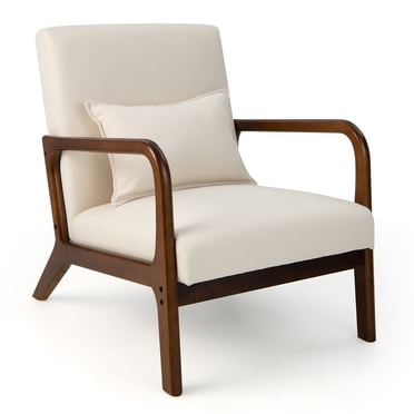 Costway Fauteuil d'Appoint Moderne Fauteuil de Détente avec Cadre en Bois de Caoutchouc et Coussin Lombaire Beige