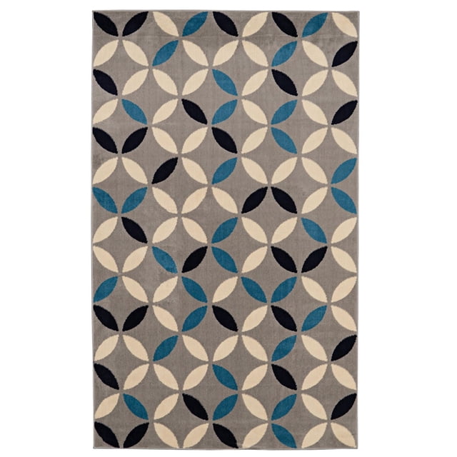 Capri Conrad Light Grey & Bone 6' 5" x 9' 3" area rug with a geometric pattern of overlapping petal shapes in bone, black, and blue on a light grey polypropylene flat cut pile, machine woven with serged edges, ideal for defining spaces in living rooms or bedrooms.