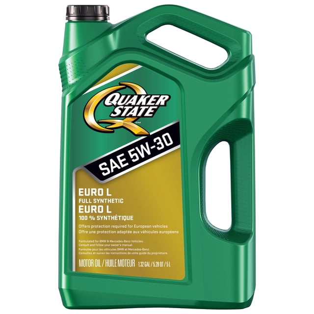 Quaker State Euro L Full Synthetic SAE 5W-30 Motor Oil 5L green plastic container with ergonomic handle and black cap, formulated for European vehicles including BMW and Mercedes-Benz, offering full synthetic motor oil protection.