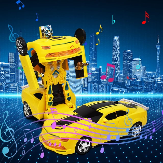 Hxlamzoo Jouets pour Enfants Voiture Robot Intelligente Télécommandée Transformable en Jaune, avec transformation Automatique de Voiture en Robot avec Technologie à un Bouton. l'Image Montre le Jouet en modes Voiture et Robot, avec des Yeux Lumineux et un design Détaillé. l'Arrière-plan Comprend un Paysage Urbain Futuriste avec des notes de Musique, Soulignant Ses Caractéristiques Interactives et Divertissantes.