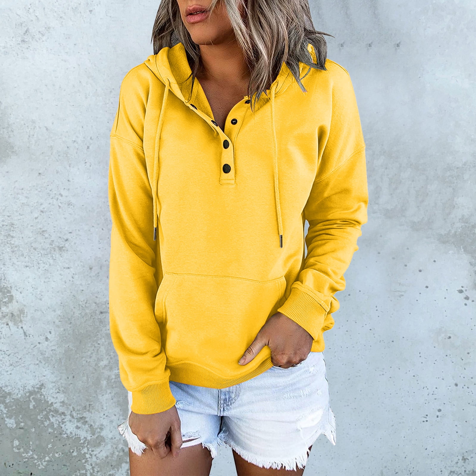 DondPO Essentials Hoodie Hoodies for Women Womens Long Down Pocket Hooded Sweatshirts Pullover Sleeve Button V Drawstring Hoodies Neck Sweatshirts Long Sleeve Shirts Sweatshirt for Women Yellow L