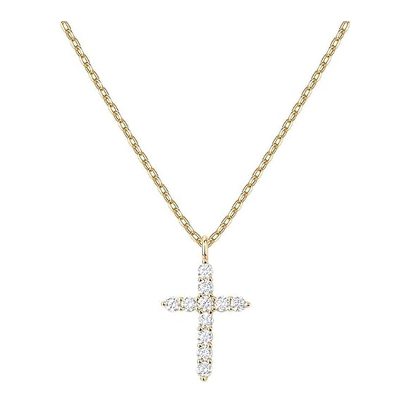 18K Yellow Gold Plated Created White Sapphire Petite Cross Necklace | Mothers Day Jewelry Gift for Her Women Girls