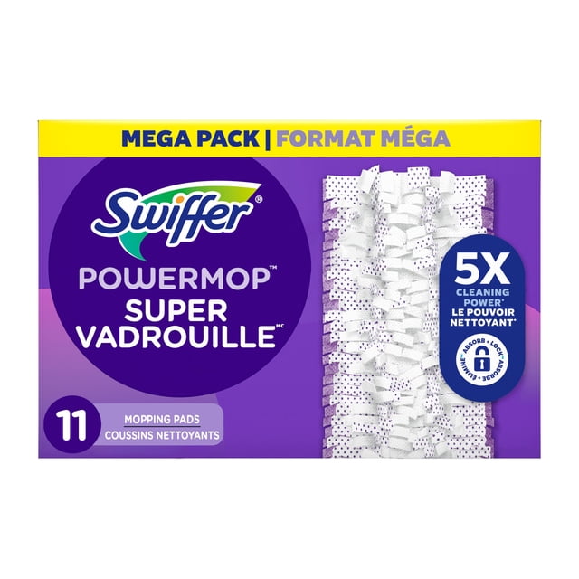 Swiffer PowerMop Multi-Surface Mopping Pad Refills mega pack with 11 white textured mopping pads featuring hundreds of scrubbing strips for 5X cleaning power, designed to absorb and lock dirt and grime on finished floors, with bilingual purple and yellow packaging.