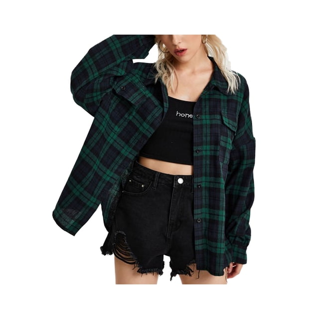 Women Plaid Flannel Shirt Jacket Button Down Lapel Long Sleeve Shirts Blouse Shacket Cardigan Coats Fall Spring Clothes