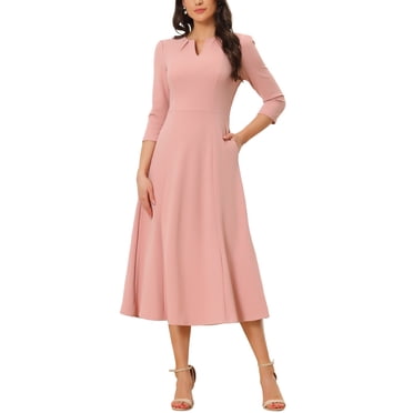 INSPIRE CHIC Women's Work Dress A Line 3/4 Sleeves Elegant Midi Dress Pink L