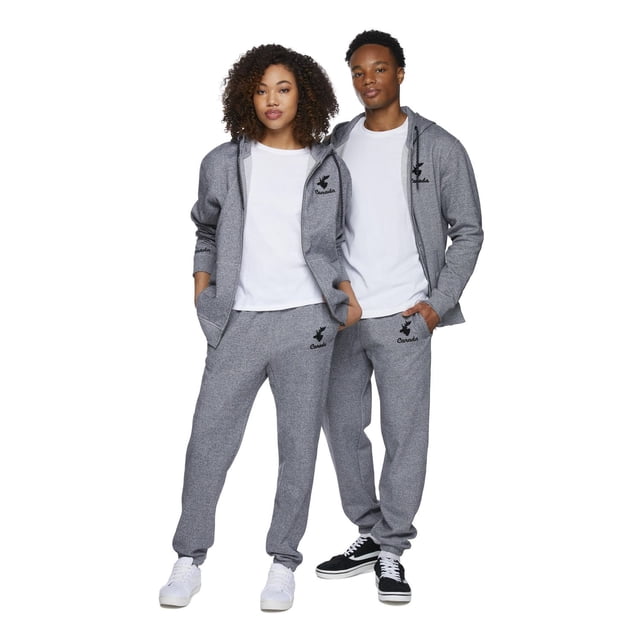 Canadiana Plus Adult Gender Inclusive Jogger relaxed-fit brushed-back fleece loungewear pants 85% cotton/15% polyester with elasticized waistband and drawstring, 2 on-seam pockets, elasticized cuffs and leg graphic print. Often used for lounging or travel.