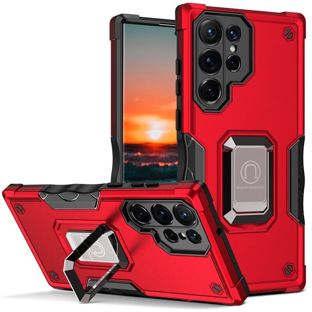 Supershield Samsung S23 Ultra Case Defender Fitted Hard Shell Ring Holder Stand Cover Case for Galaxy S23 Ultra in red. The case features a durable TPU and PC construction with military-grade protection, raised edges for screen and camera safety, and precise cutouts for the camera, speaker, and charging port. Includes a built-in ring holder for added functionality and anti-slip properties for a secure grip.