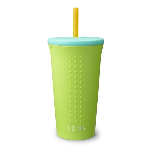 GoSili Gobelet à Paille, Gobelet en silicone Réutilisable de 16 Oz en Vert Lime avec Couvercle Bleu Pâle et Paille Jaune, Doté d'Un Anneau en Acier Inoxydable Encastré Breveté Qui Empêche l'Affaissement Lorsqu'il Est Saisi, Va au Micro-Ondes et au Lave-Vaisselle, Idéal pour un Rangement Durable des Boissons et pour Réduire les Déchets de Plastique à Usage Unique.