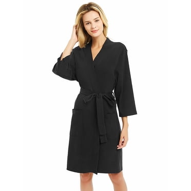 U2SKIIN Peignoirs pour Femmes, Peignoir Léger en Coton Manches 3/4 Tricoté Doux Vêtement de Nuit Tenue de Détente pour Dames,(Noir,TG)