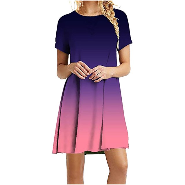 Robe Mini Ample Décontractée pour Femmes à Manches Courtes, Col Rond, Imprimée