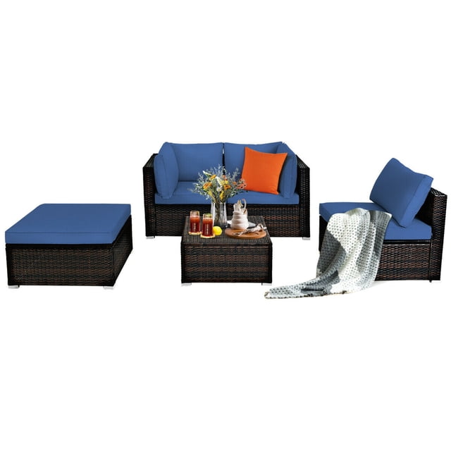 Patiojoy 5-Piece Outdoor Patio Sectional Rattan Wicker Conversation Sofa Set with Navy Cushions