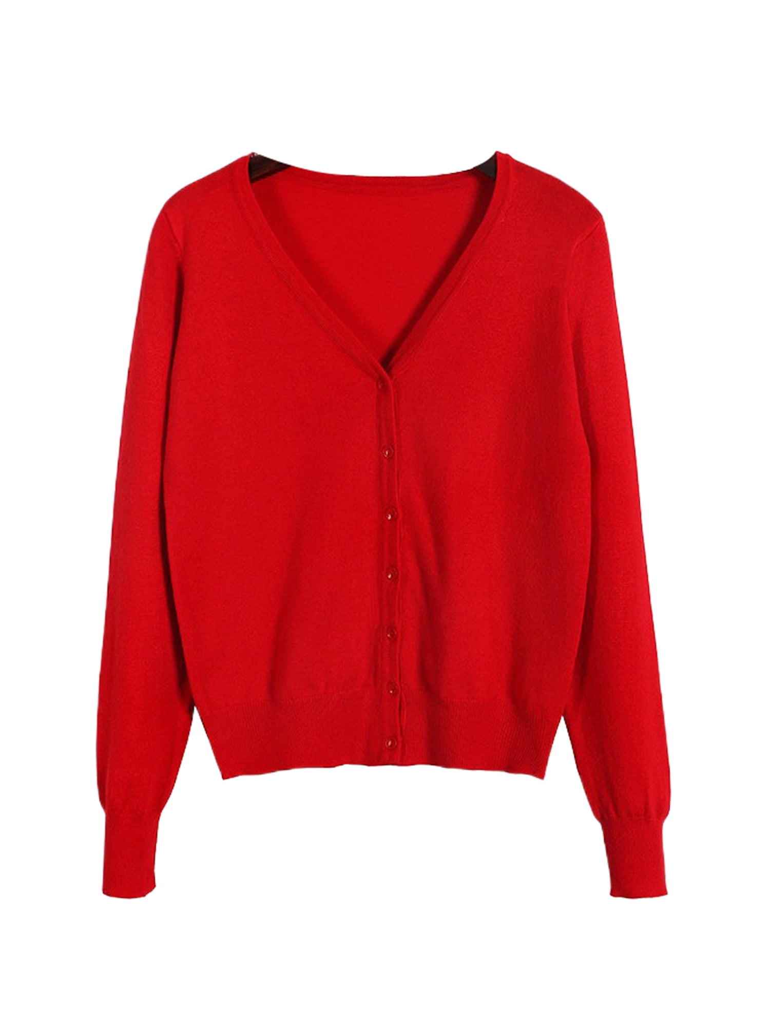Innerwin Cardigan Sweater V Neck Ladies Coat Fall Solid Color Loose Outwear Red M