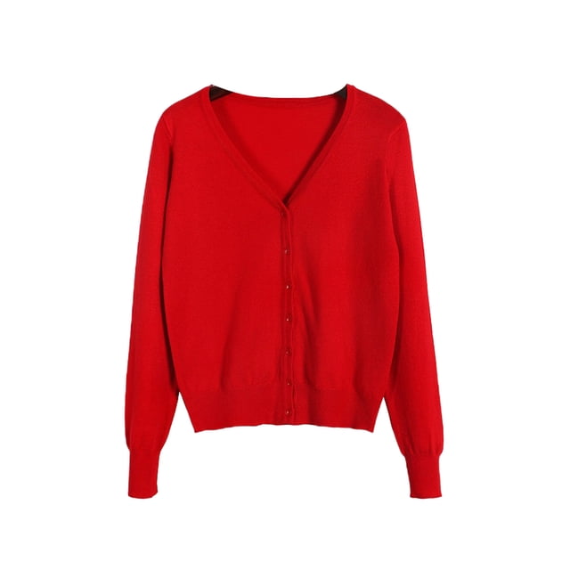 MAWCLOS Ladies Coat V Neck Cardigan Sweater Long Sleeve Outwear Knitwear Travel Solid Color Jacket Red M