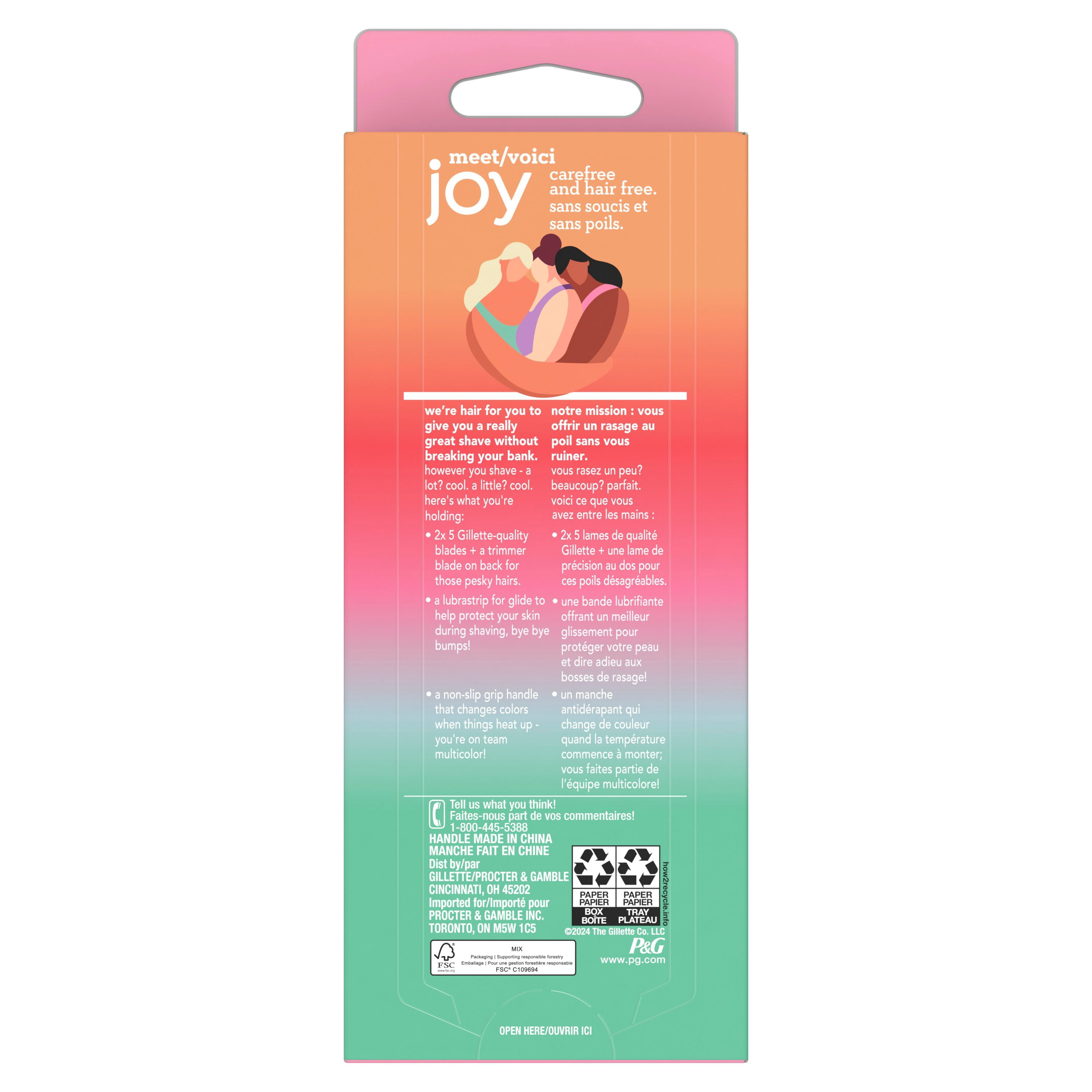joy Rasoir pour Femmes Qui Change de Couleur, Trousse de Rasage avec 1 Manche + 2 Cartouches de Lames