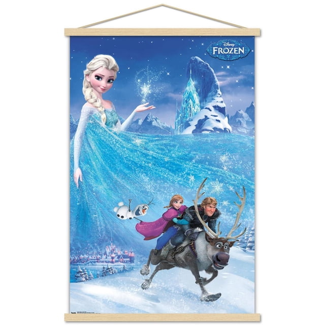 La Reine des Neiges de Disney - Affiche Murale Aventure en une Feuille, 22,375 Po x 34 Po Représentant Elsa dans une Robe Bleu Étincelant Lançant des Flocons de Neige, Olaf le Bonhomme de Neige à Proximité, et Anna et Kristoff Chevauchant Sven le Renne à Travers un Paysage Enneigé avec un Château de Glace et des Montagnes en Arrière-Plan, Convient à la Décoration Murale de Chambre Ou de Dortoir.