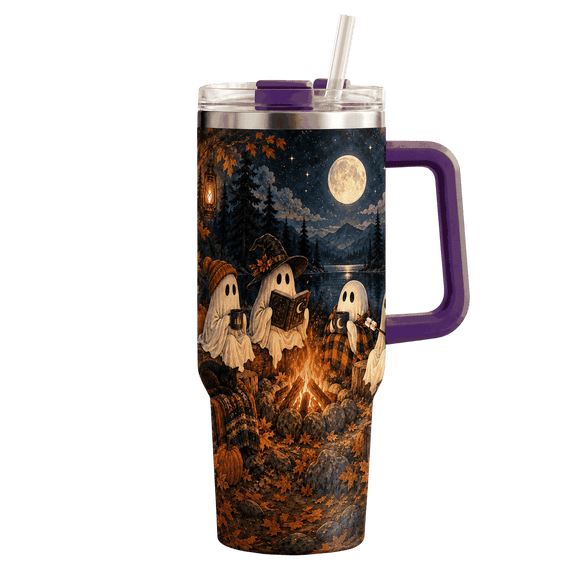 Lotusprinthandmade Gobelet Feu de Camp Fantôme 40oz avec Poignée Impression 2D Plate, Tasse de Voyage Isolée
