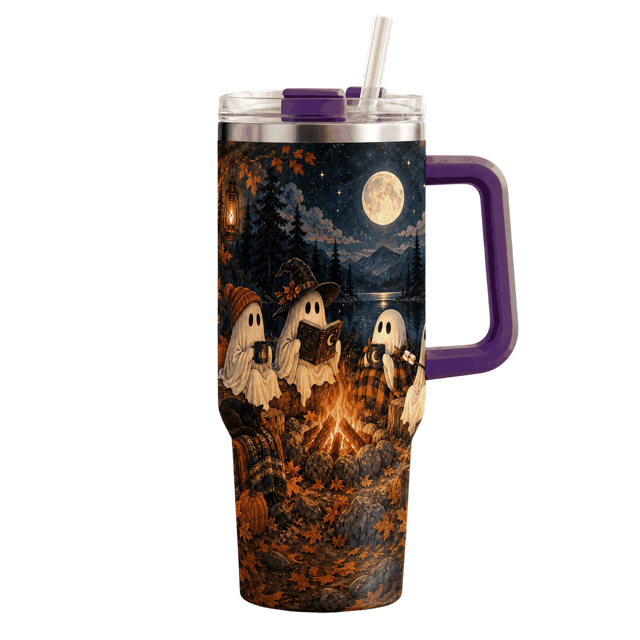 Lotusprinthandmade Gobelet Feu de Camp Fantôme 40oz avec Poignée Impression 2D Plate, Tasse de Voyage Isolée