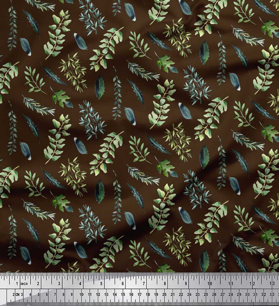 Soimoi Brown Poly Georgette Fabric Curry & Leaves Print Sewing Fabric BTY 52 Inch Wide