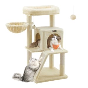 37.8 - Pouce Multi - Niveau Petit arbre de chat. Caractéristiques perche élargie pour les grands chats & chatons, couleur beige.