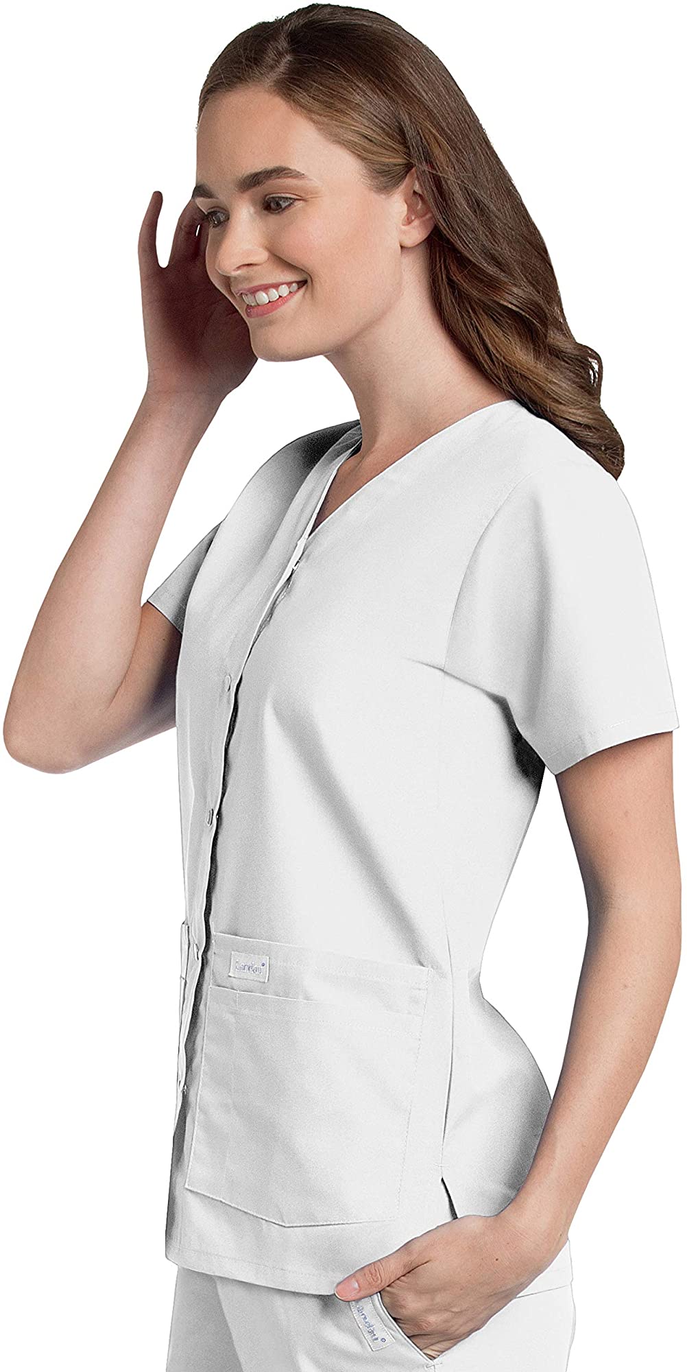 Landau Essentials Women's Snap Front Scrub Top, Classic Relaxed Fit, V-Neck, 4 Pockets