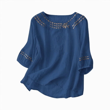 WUANDIXFA Hauts Femmes Chemises en Lin Tendance pour Femmes Rétro Broderie Été Ample Manches 3/4 T-Shirts Tuniques Hauts Blouses Décontractées Vêtements Boho, Navy, L