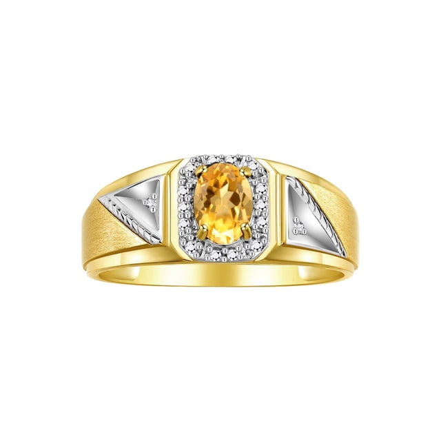 RYLOS Men's Rings Yellow Gold Plated Silver Classic 7X5MM Oval Gemstone & Diamond Ring Citrine November Birthstone Rings For Men Size 9