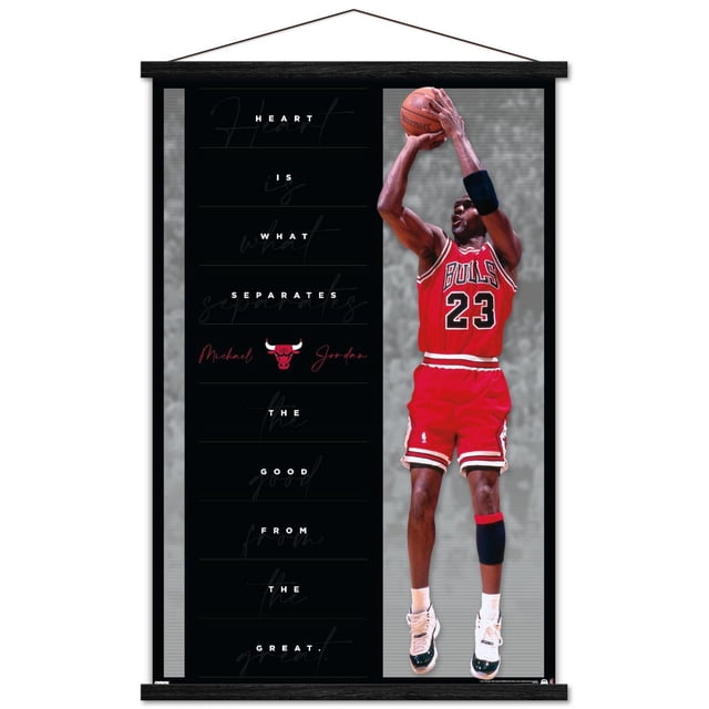 Michael Jordan - Heart Wall Poster, 22.375" x 34" showing a basketball player in a red Chicago Bulls jersey number 23 jumping to shoot a basketball, with a black vertical panel on the left displaying the quote 'Heart is what separates the good from the great' in white text and the Chicago Bulls logo between the names Michael and Jordan.