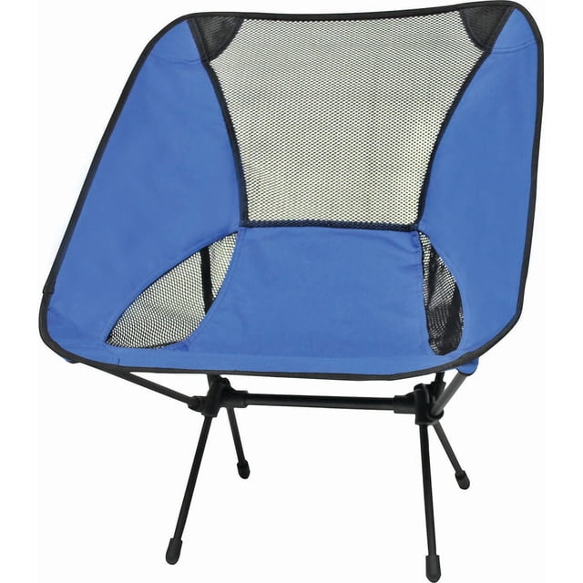 North 49 Pod Chair - Royal Blue camping chair with shock-corded steel frame and breathable polyester mesh seat, compact foldable design with daisy chain carry bag, supports up to 250 lbs, suitable for outdoor and camping use.