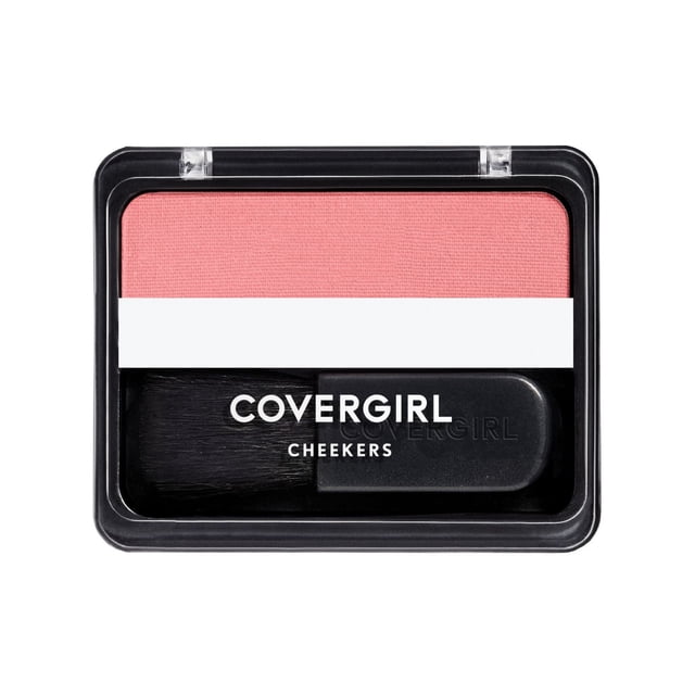 COVERGIRL Cheekers Blush compact with a clear lid, containing soft pink powder blush and a small black brush, lightweight and dermatologically tested for natural, long-lasting cheek color, often used for quick touch-ups.