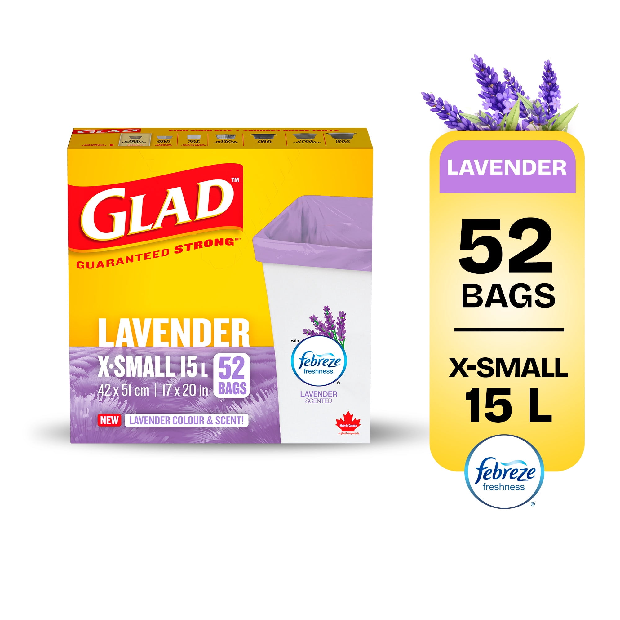 Glad Lavender Colour and Scented Garbage Bags - X-Small 15 Litres - Febreze Freshness, 52 Trash Bags