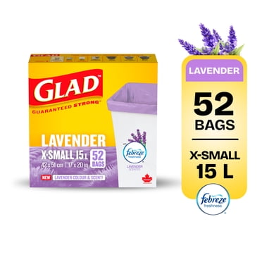 Glad Lavender Colour and Scented Garbage Bags - X-Small 15 Litres - Febreze Freshness, 52 Trash Bags