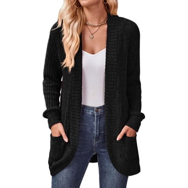 MAWCLOS Ladies Cardigan Sweater Long Sleeve Knitted Sweaters Solid Color Cardigans Cozy Work Open Front Black L