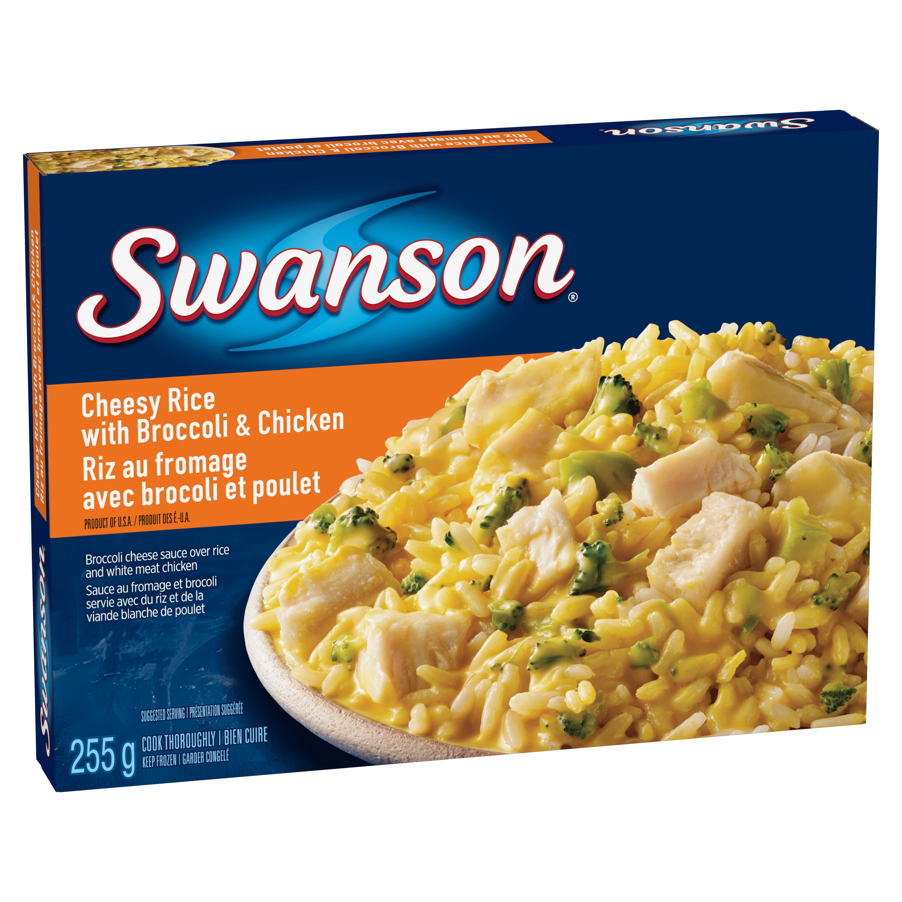 Swanson Riz au fromage avec brocoli et poulet dîner glacé, Sauce au fromage et brocoli servie sur du riz et de la viande blanche de poulet Swanson Riz au fromage avec brocoli et poulet, 255g