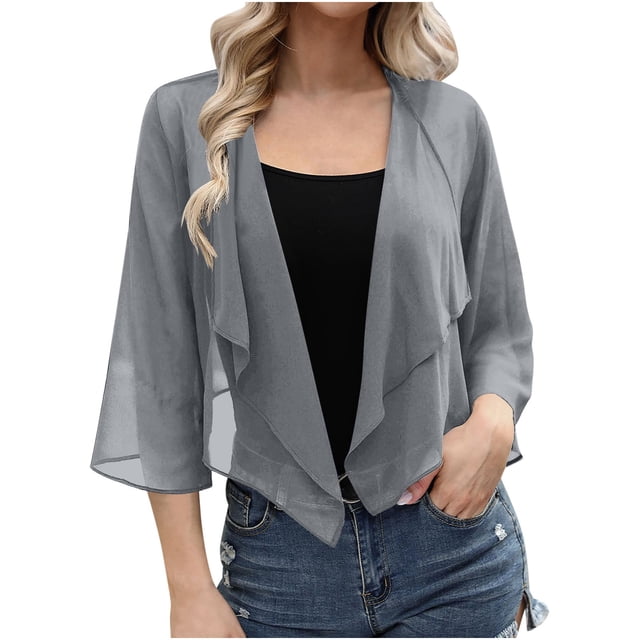 VEKDONE Cardigan à Capuche en Chiffon Décontracté pour Femmes Manches 3/4 Respirant Gris P