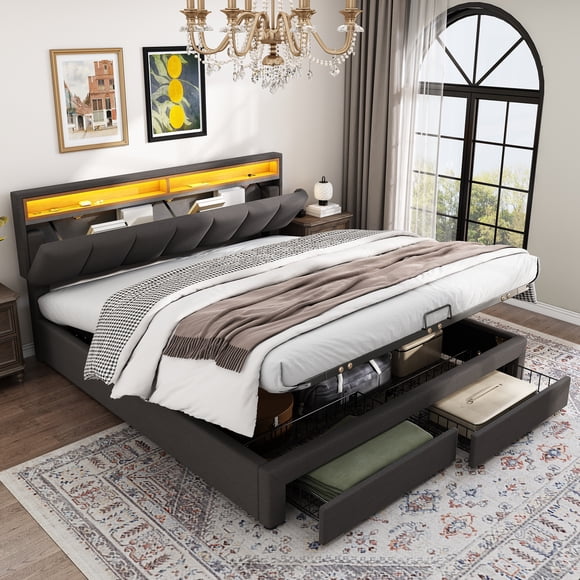 Noble House Queen Size Upholstered Hydraulic Storage Bed with LED Headboard, Drawers & Under-Bed Compartments,Grey