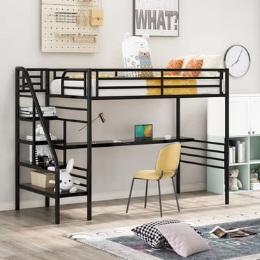 Euroco Metal Twin Size Loft Bed with Desk & Stairways for Kids Teens, Metal Bed with Storage for Bedroom, No Box Spring Needed