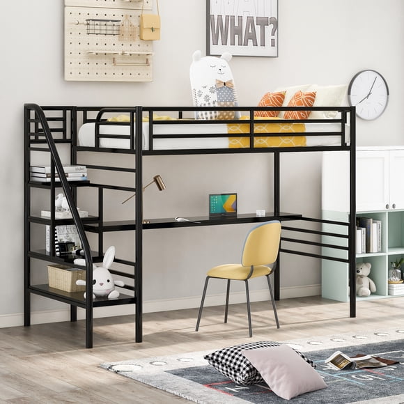 Euroco Metal Twin Size Loft Bed with Desk & Stairways for Kids Teens, Metal Bed with Storage for Bedroom, No Box Spring Needed